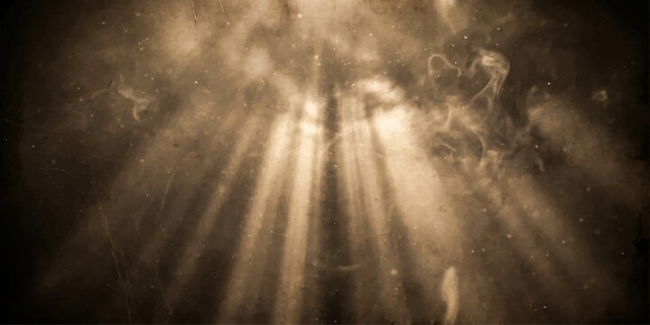 Sun rays through forest and window in dark stormy nature with clouds fog and abstract light background