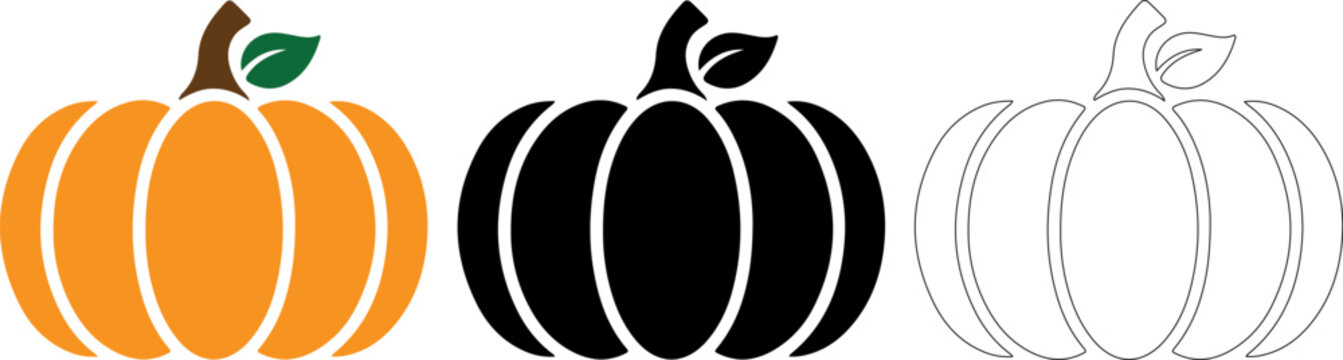 Pumpkin icon set with orange color black silhouette and linear line art vector on white background