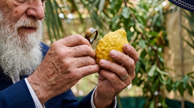 sukkot etrog jewish hands citrus elderly festival ritual tradition faith detailed closeup seasonal scene about ceremonial citrus fruit held for harvest festival blessing for religious culture holiday