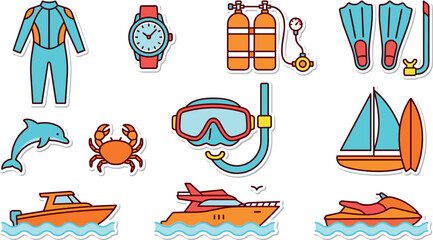 Scuba Diving and Water Sports Icon Set with Snorkeling Mask Wetsuit Oxygen Tank Flippers Boats and Marine Life Sticker Vectors © MARKNIS