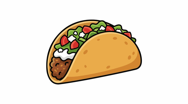A colorful cartoon illustration of a taco with meat, lettuce, tomatoes, and sour cream