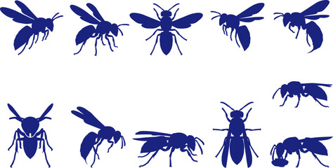 Obraz premium Wasp and hornet silhouette pack illustrating stinging insects flying and crawling on white Collection