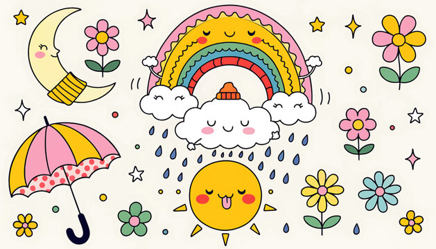 Colorful cartoon smiling sun with raindrops.