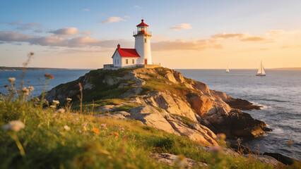 Fototapeta premium Castle Hill Lighthouse in Newport Rhode Island Scenic New England Coastal Landscape with Ocean Views and Historic Beacon