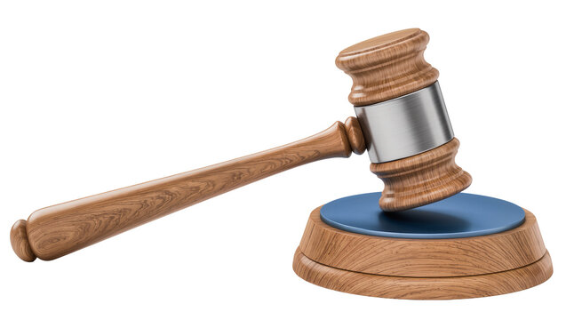 Wooden judge gavel with metal band on blue sounding block