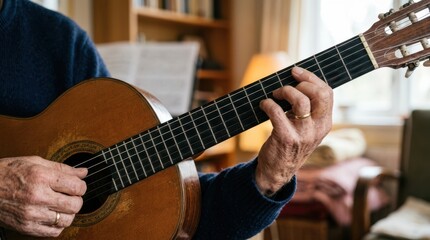 Fototapeta premium Close-up of elderly hands playing an acoustic classical guitar. Engaging in a musical hobby, creative leisure, and sound therapy for emotional balance and mental wellness.