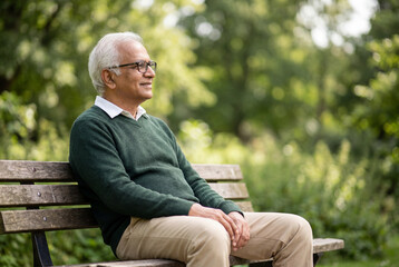 Obraz premium A senior indian man with glasses sitting peacefully on a wooden park bench in a green space
