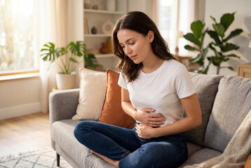 Obraz premium Young woman suffering from stomach ache and abdominal pain at home