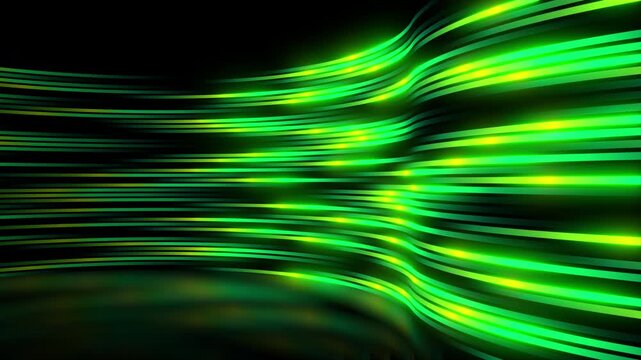 3D curved wall of green neon lines in motion. Abstract background loop. Glowing stripes. Technology theme.