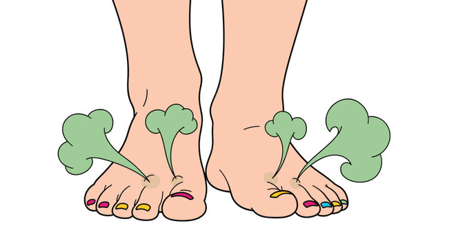 Humorous illustration of smelly feet with green vapor clouds coming from the toes, emphasizing a common hygiene issue.