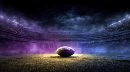 Obraz premium American football ball on a lit stadium field at night with smoke and dynamic bright spotlights background, large empty arena with dramatic purple and blue atmospheric mist illustration