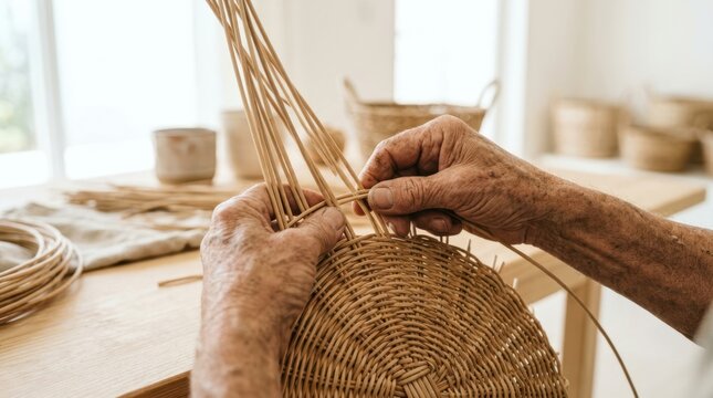 Close-up of older hands carefully weaving a natural rattan basket on a wooden workshop table. Traditional handcraft hobby, rustic basketry, and therapeutic manual activity.