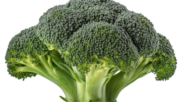 Fresh green broccoli head with dense florets and thick stems