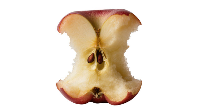 Red apple core with visible seeds and bite marks