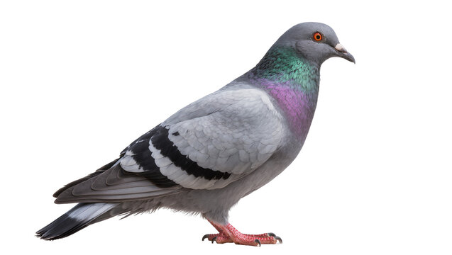 Rock dove pigeon with iridescent neck feathers and orange eyes