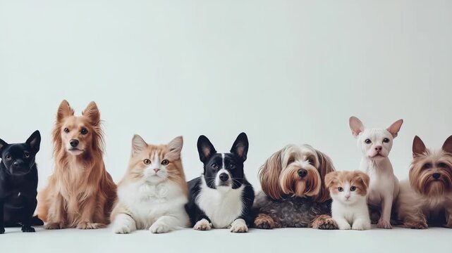 A delightful gathering of furry friends! Dogs and cats strike a pose together, showcasing a harmonious bond in this adorable pet lineup. A variety of breeds and personalities.