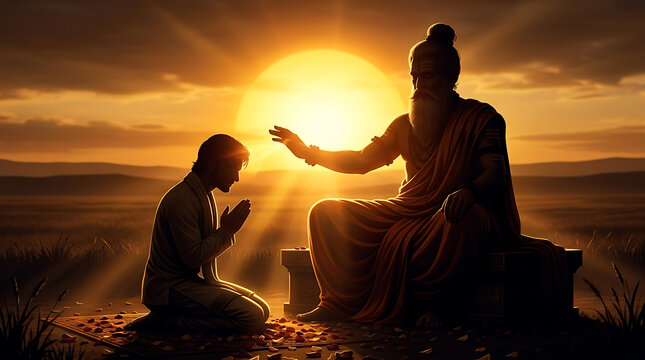 Guru purnima scene with an ancient indian hermit sitting outdoors and blessing his young disciple under a bright glowing sun for gurudev religious stock image