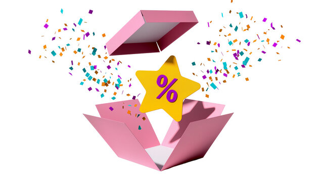 Pink gift box exploding with yellow star and percentage sign, confetti
