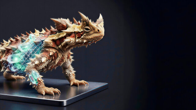 Conceptual illustration of a thorny devil lizard morphing into a solid state lithium battery lattice against a dark charcoal background with copy space