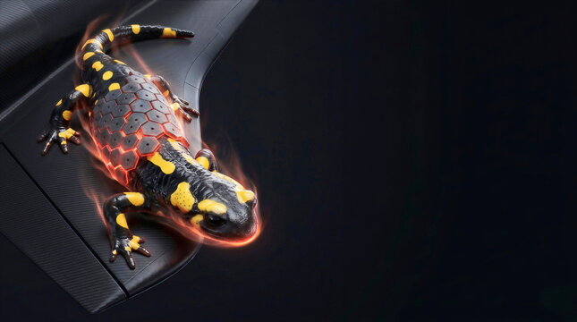 Conceptual illustration of a fire salamander morphing into glowing aerospace heat shield tiles against a dark charcoal background with copy space