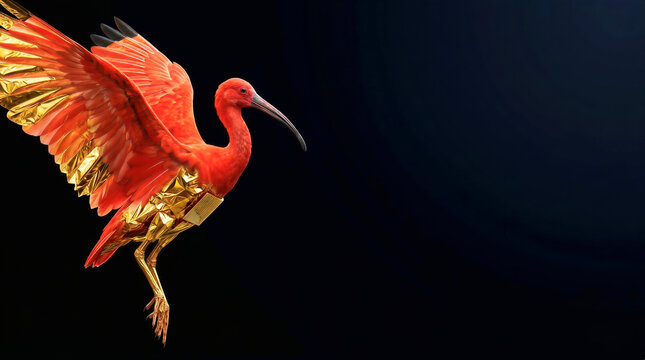 Conceptual illustration of a scarlet ibis morphing into gold aerospace insulation foil against a pitch black background with copy space