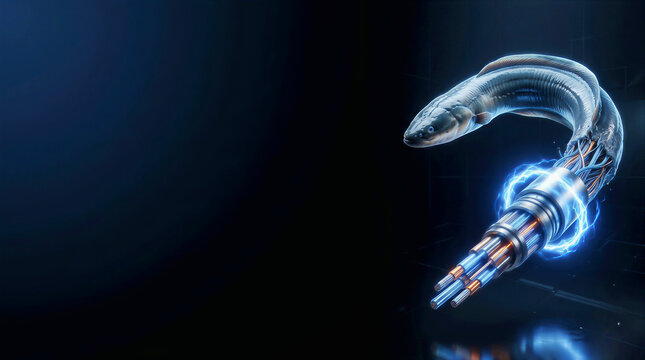 Conceptual illustration of an electric eel morphing into glowing superconducting cables against a dark midnight blue background with copy space