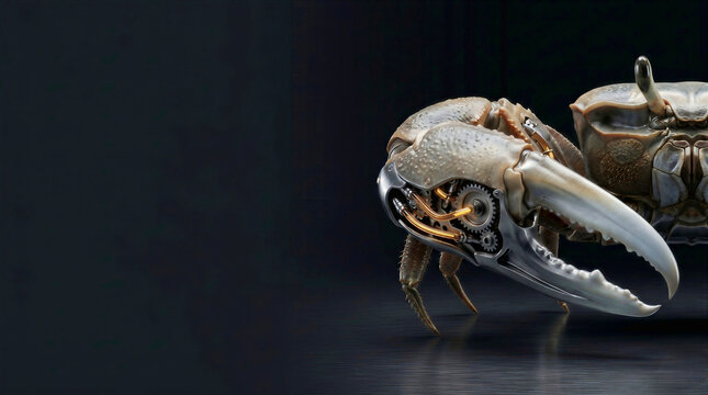Conceptual illustration of a fiddler crab morphing into tungsten machinery and hydraulic gears against a dark gunmetal background with copy space