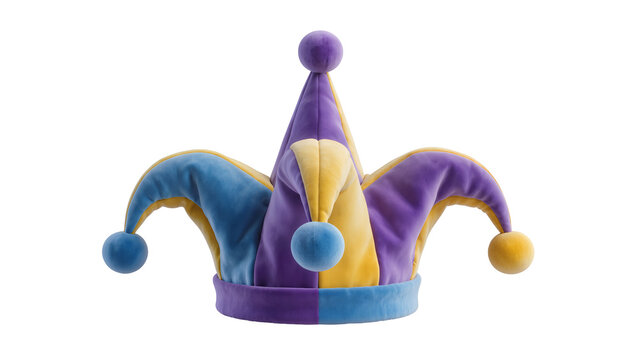 Jester hat with purple yellow, and blue points and pom-poms