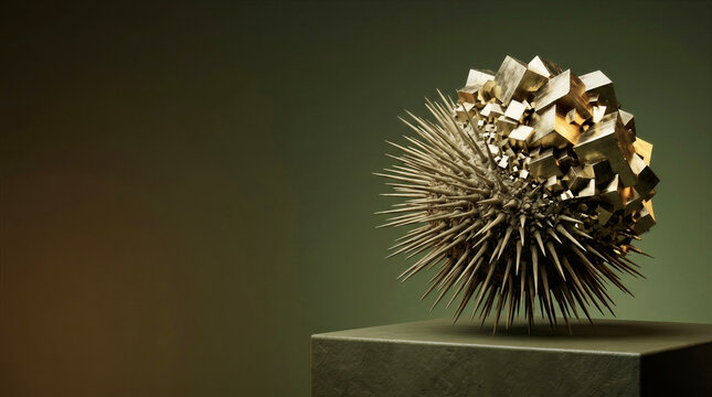 Surreal Sea Urchin Morphing into Cubic Pyrite Crystals Concept with Copy Space
