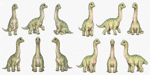 Set of cute baby Brachiosaurus dinosaurs in various poses, hand-drawn illustration on transparent background. © Ytaja