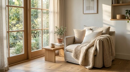 Fototapeta premium Cozy armchair with throw blanket by sunlit window in modern living room.