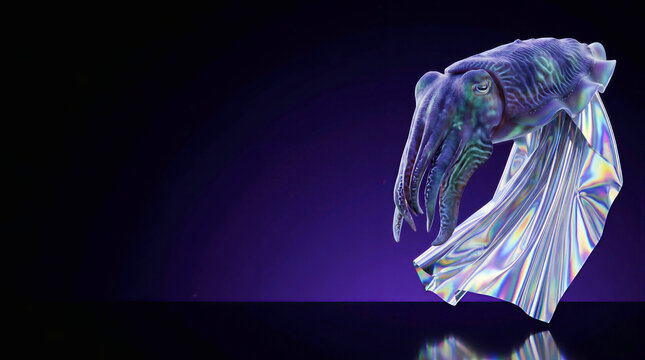 Surreal 3D holographic mylar foil cuttlefish hybrid against dark ultraviolet background with copy space