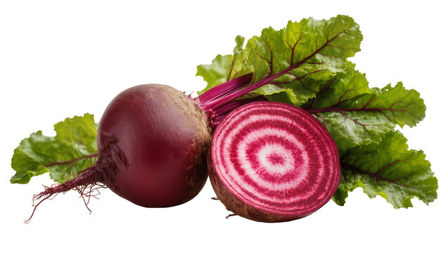 Whole and halved Chioggia beet with green leaves