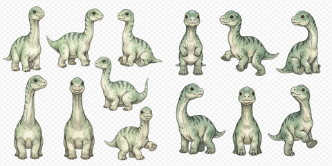 Set of cute baby Brachiosaurus dinosaurs in various poses, watercolor illustration on transparent background. © Ytaja