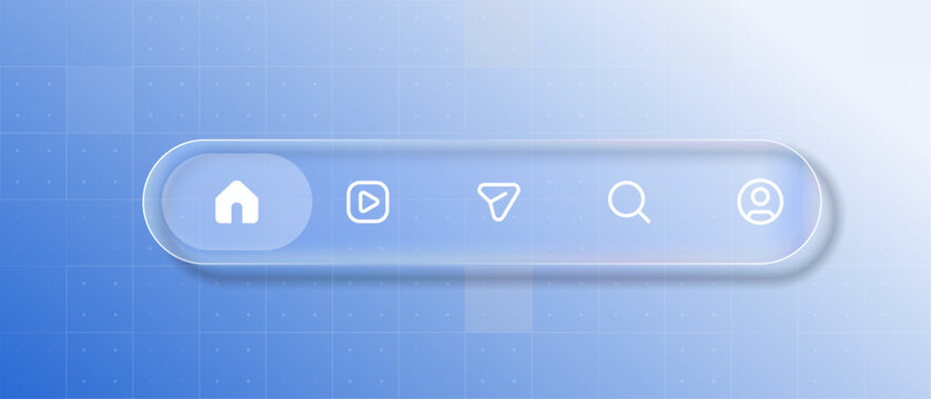 Glassmorphism navigation bar for social media apps with home, reel, message, explore, and profile icons in curved rectangle tinted glass style. Modern SVG vector UI design, transparent background.
