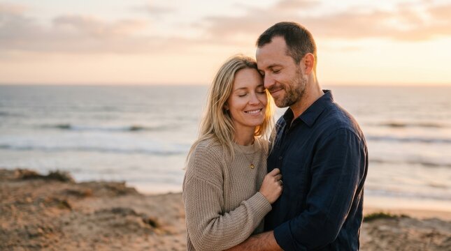 An intimate and peaceful moment on a sandy beach at sunset, where two individuals embrace and lean together with soft smiles, conveying deep love, trust, and serenity.