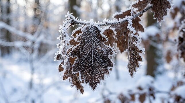 Frost covered oak leaves on a tree branch in winter forest scene