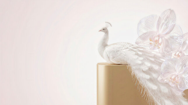 Surreal Albino Peacock and Crystalline Orchid Petal Hybrid with Massive Copyspace