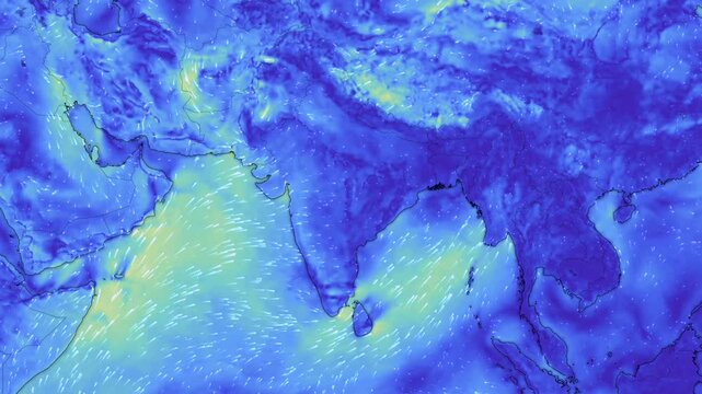 India map shows direction of wind currents. Formation of monsoon storms weather forecast