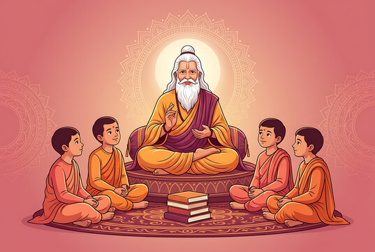 Beautiful vector art of indian master teaching four little boys sitting on floor rug during happy guru purnima festival sharing deep ancient gurudev religious knowledge