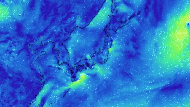 Japan map shows direction of wind currents. Jet stream pacific weather forecast animation 4K video