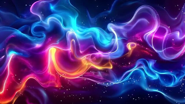 Swirls of glowing smoke particles with bright light and deep neon waves, perfect for futuristic designs and vibrant backgrounds.