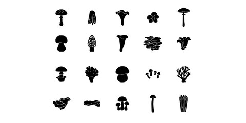 Fototapeta premium Mushrooms in Various Shapes and Sizes Depicted as Black Silhouettes on a White Background Featuring Nature, Fungi, Illustrations with Organic