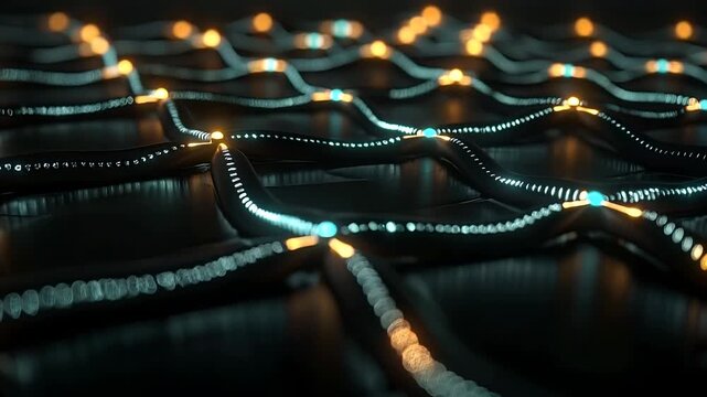 Digital abstract of glowing mesh structure with connectivity pathways, perfect for illustrating neural network, data transmission, technology concepts in designs.