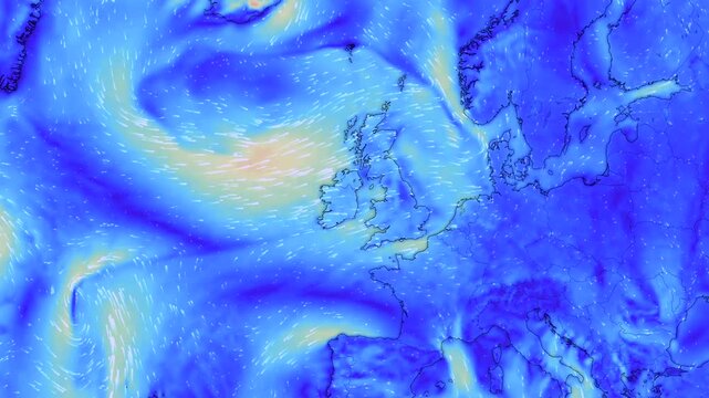 England map shows direction of wind currents. Formation of storms and hurricanes 4K video