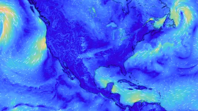 USA map shows direction of wind currents. Formation of storms and hurricanes 4K video