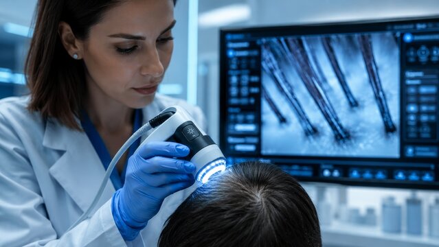 Female trichologist examining patient's scalp and hair follicles using a digital trichoscan microscope camera in a modern clinic.