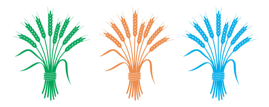 Minimalist green rice wheat crop bundle logo, tied stalks grain heads agriculture food industry branding flat vector elements