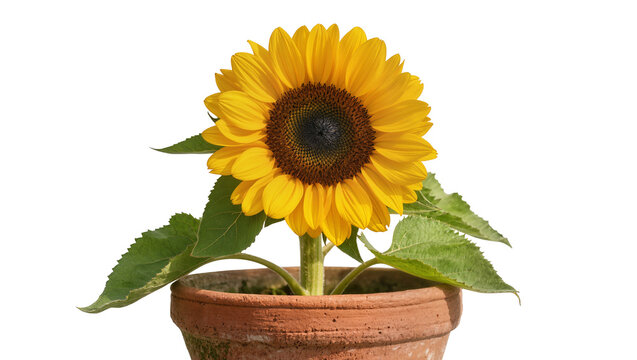 Sunflower plant in terracotta pot with green leaves