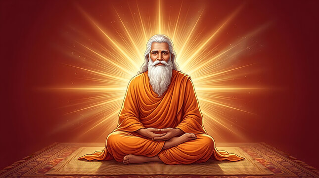 Bright golden light shining behind a holy old man meditating deeply on a small rug for guru purnima offering a strong gurudev religious feeling inside